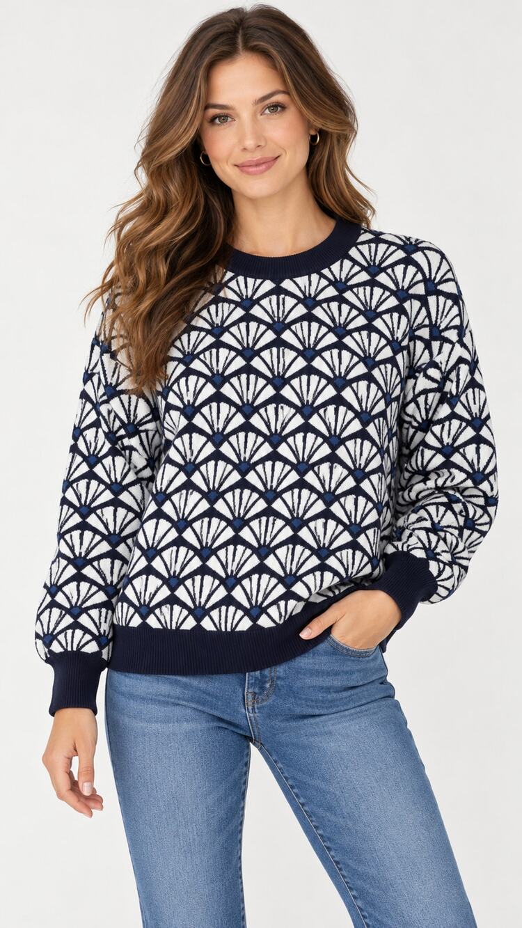 Daniel Rainn Kelsei Geo Crew Knit Sweater Navy White Womens Medium New Art Deco